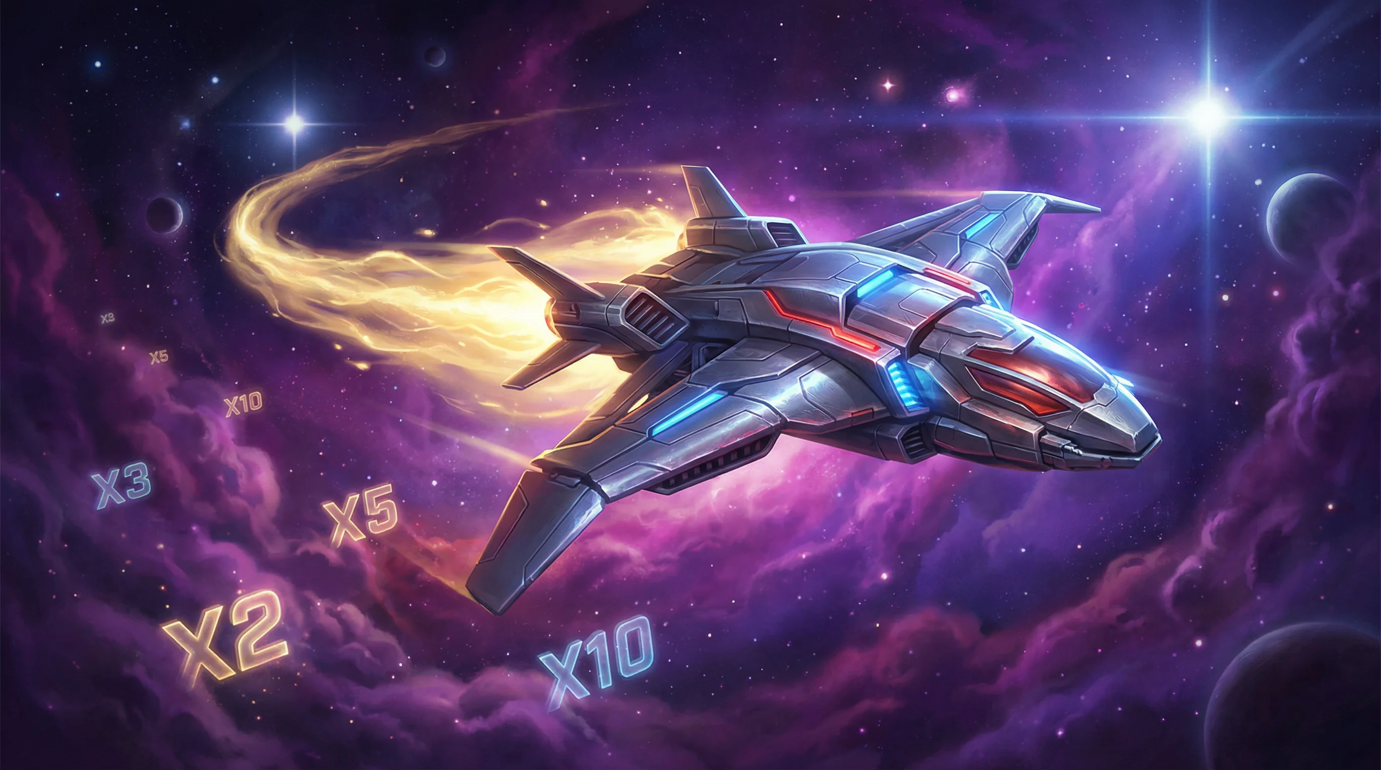 Avião futurista voando pelo espaço com multiplicadores